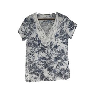 Marina Gigli Linen Floral Toile Lace V-Neck Top Made in Italy Blue White Small